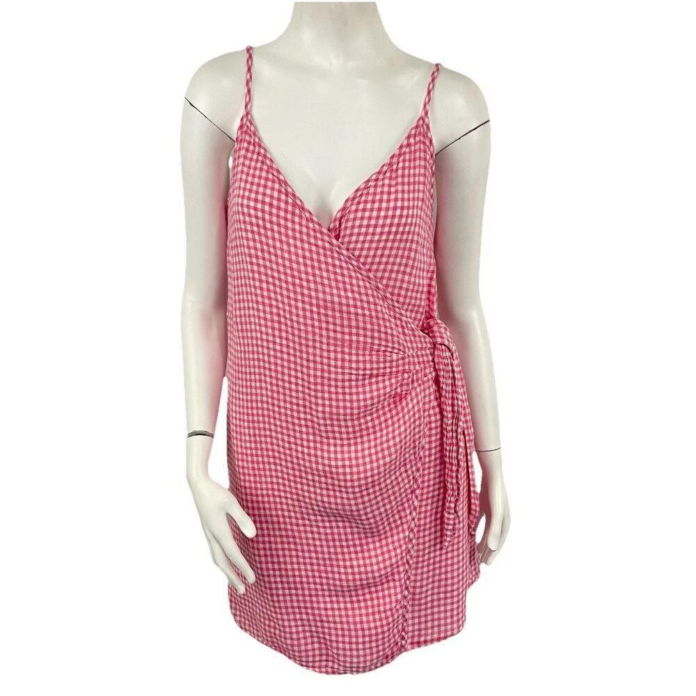 Rails Malia Pink Gingham Linen Blend Wrap Mini Dress Size Large Summer Resort